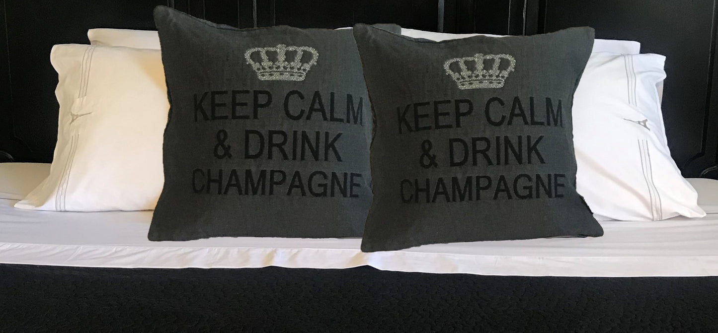 Keep Calm and Drink Champagne Decorative Pillow Cover - (Gray and Silver)