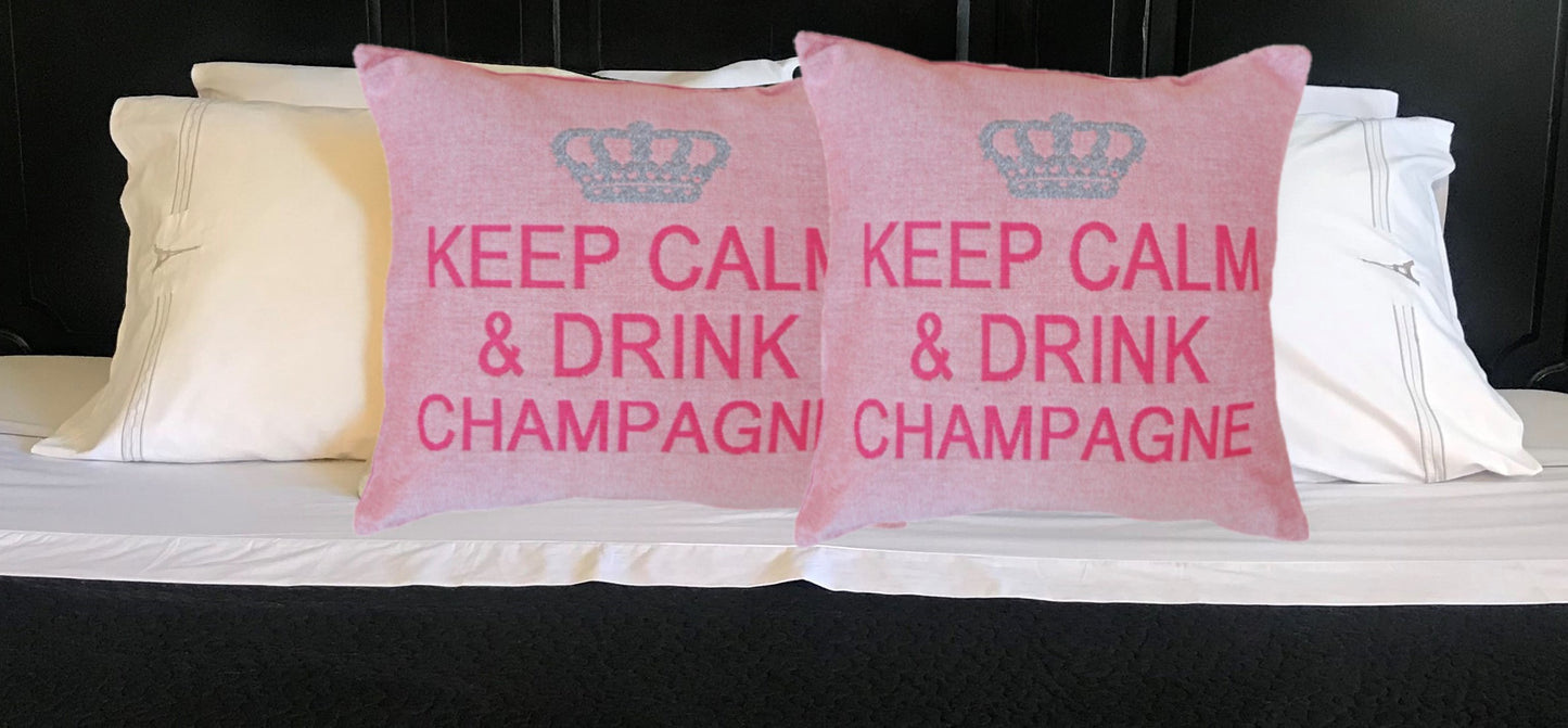 Keep Calm and Drink Champagne Decorative Pillow Cover - (Rose and Silver)