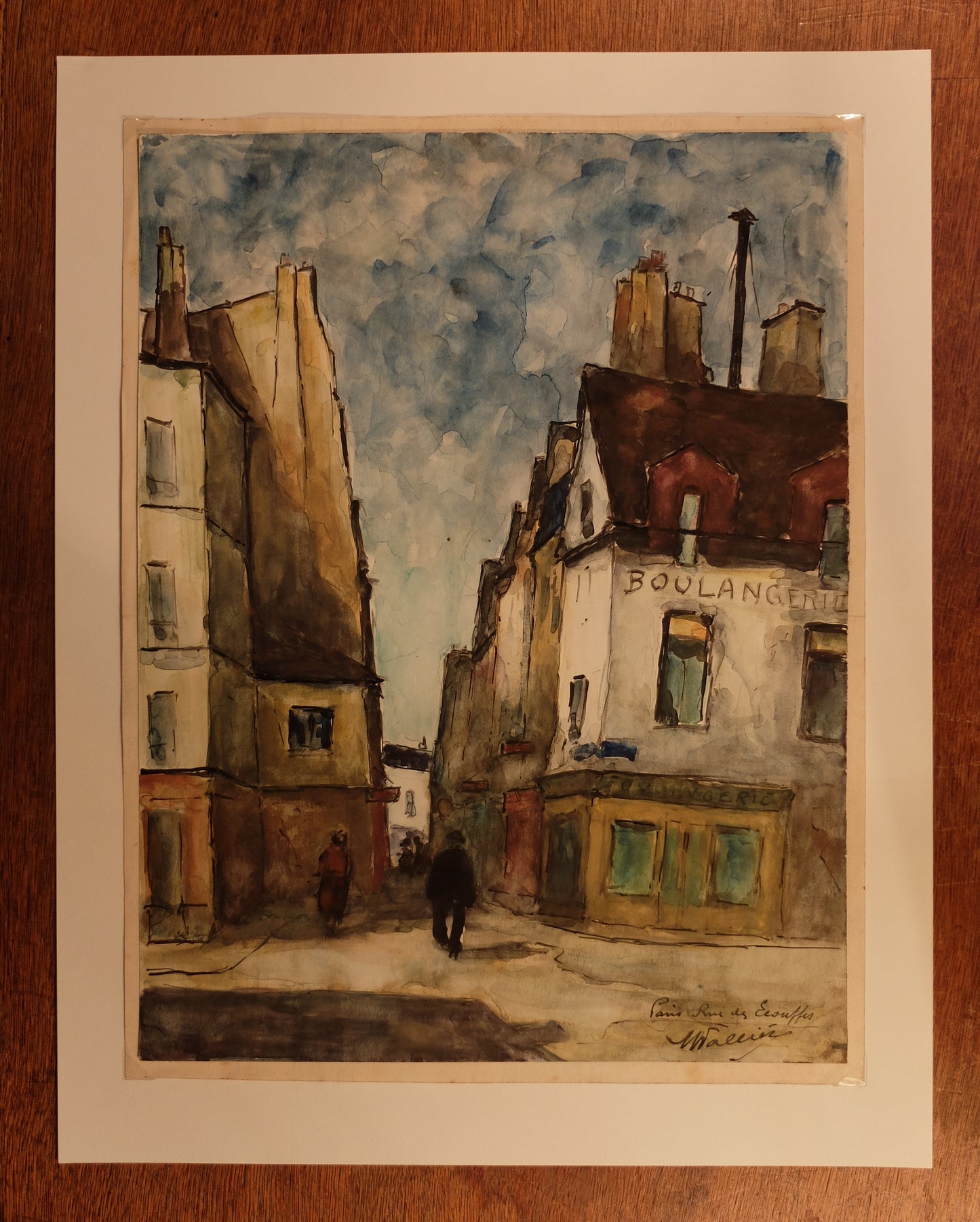 Original Maurice Fallies (1883-1965) : Paris Rue des Ecouffes 4e (15"x12")