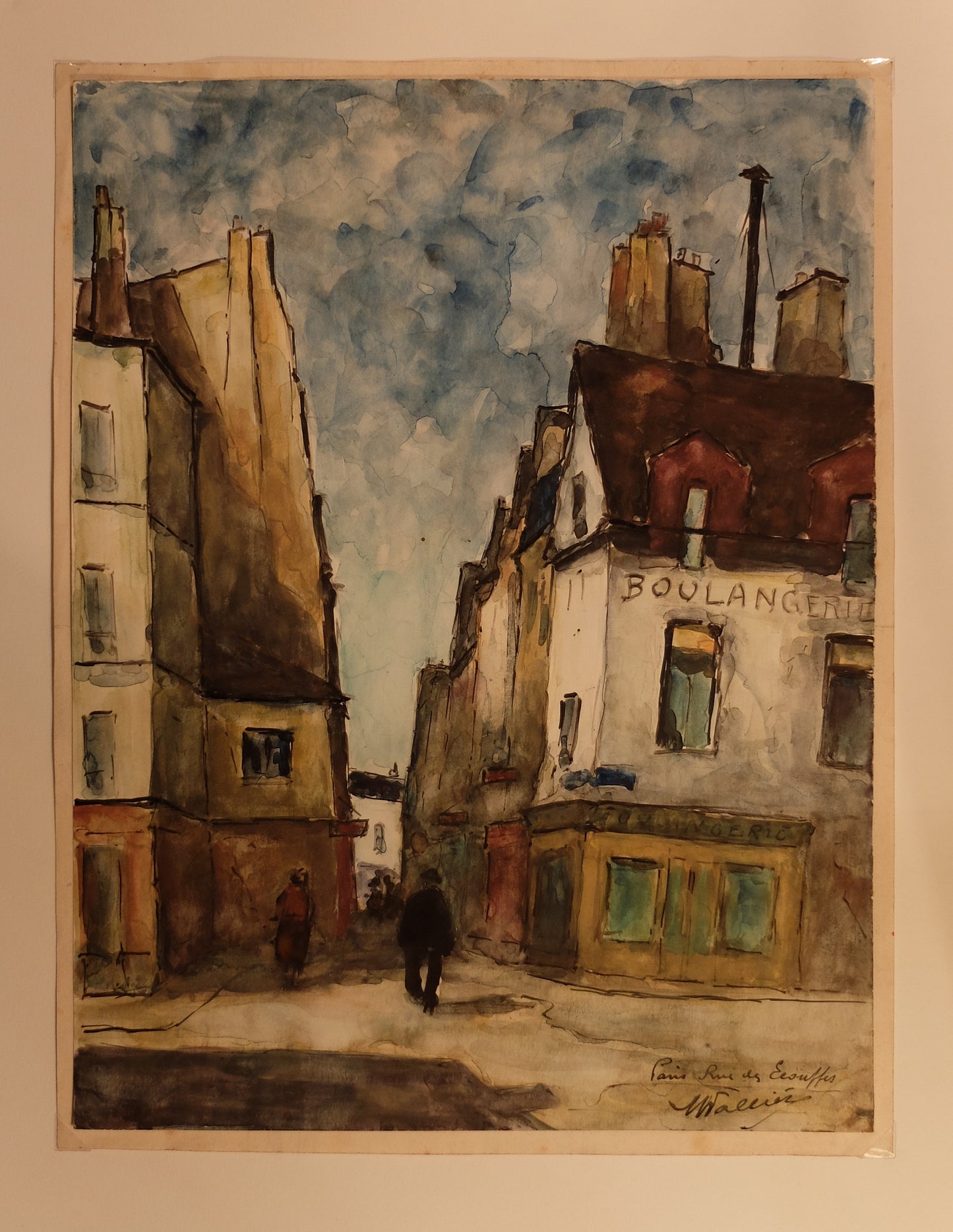 Original Maurice Fallies (1883-1965) : Paris Rue des Ecouffes 4e (15"x12")