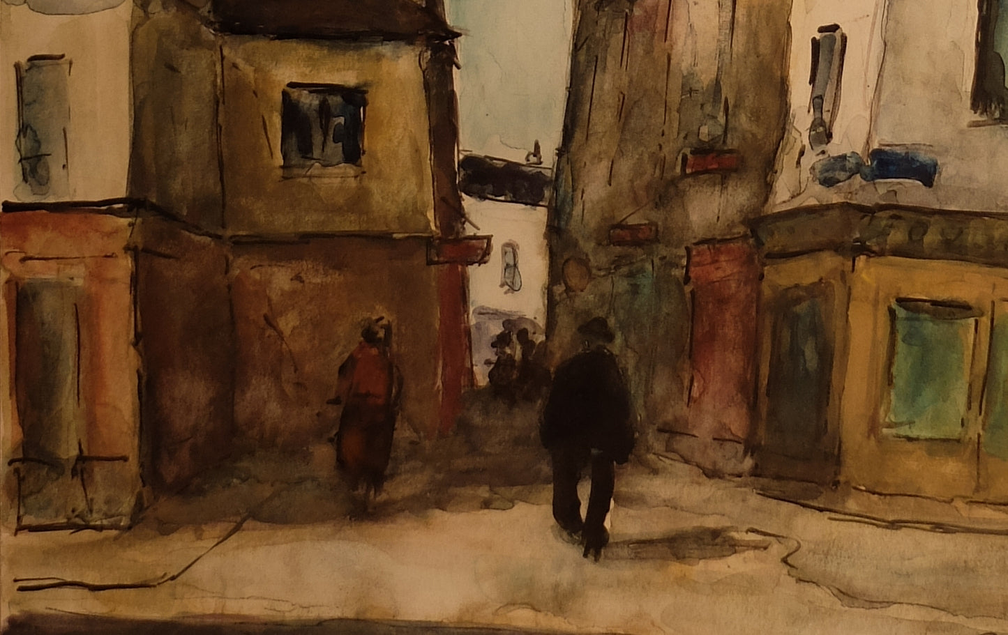Original Maurice Fallies (1883-1965) : Paris Rue des Ecouffes 4e (15"x12")