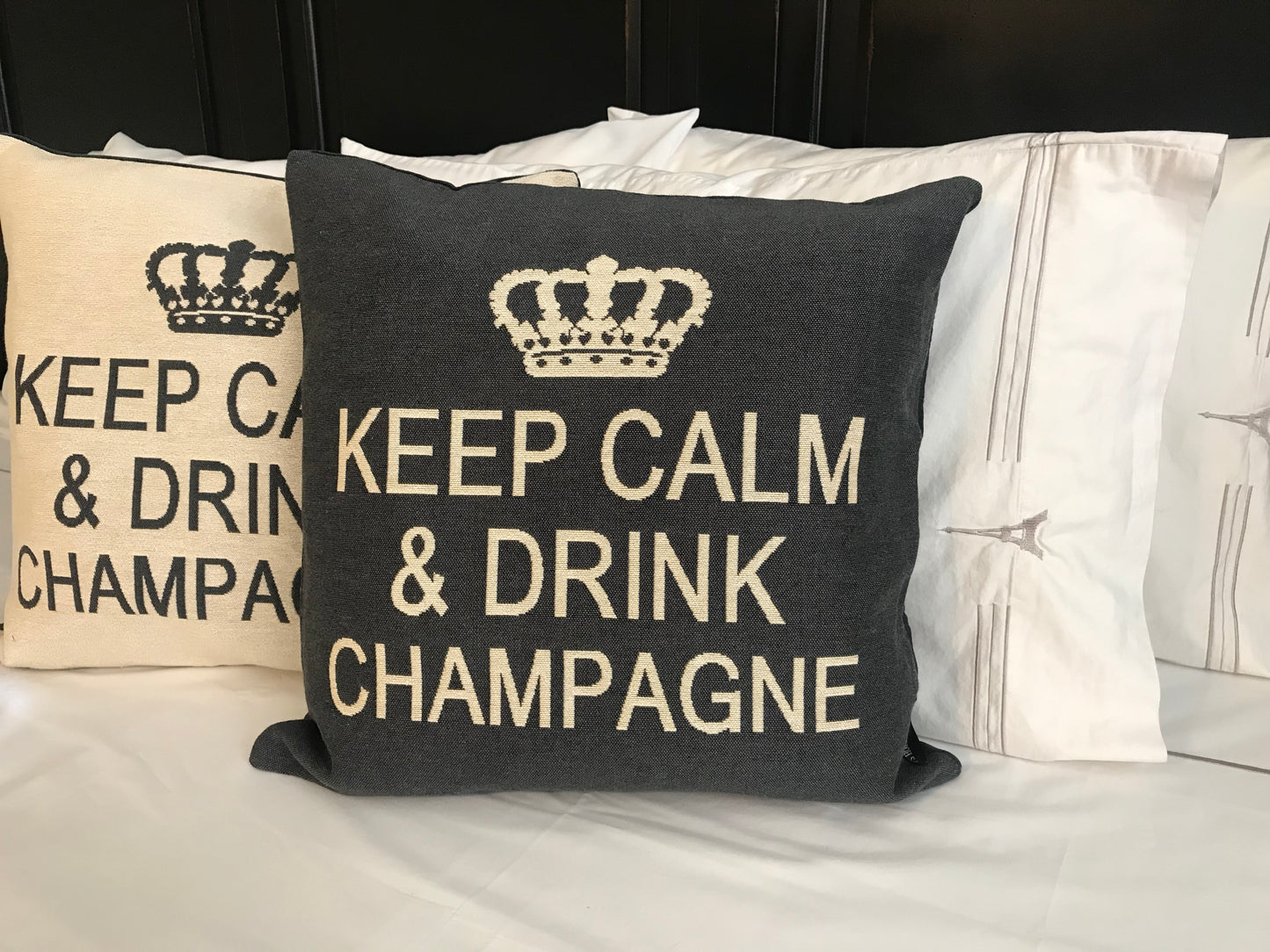 Keep Calm and Drink Champagne Decorative Pillow Cover - (Charcoal and Cream)