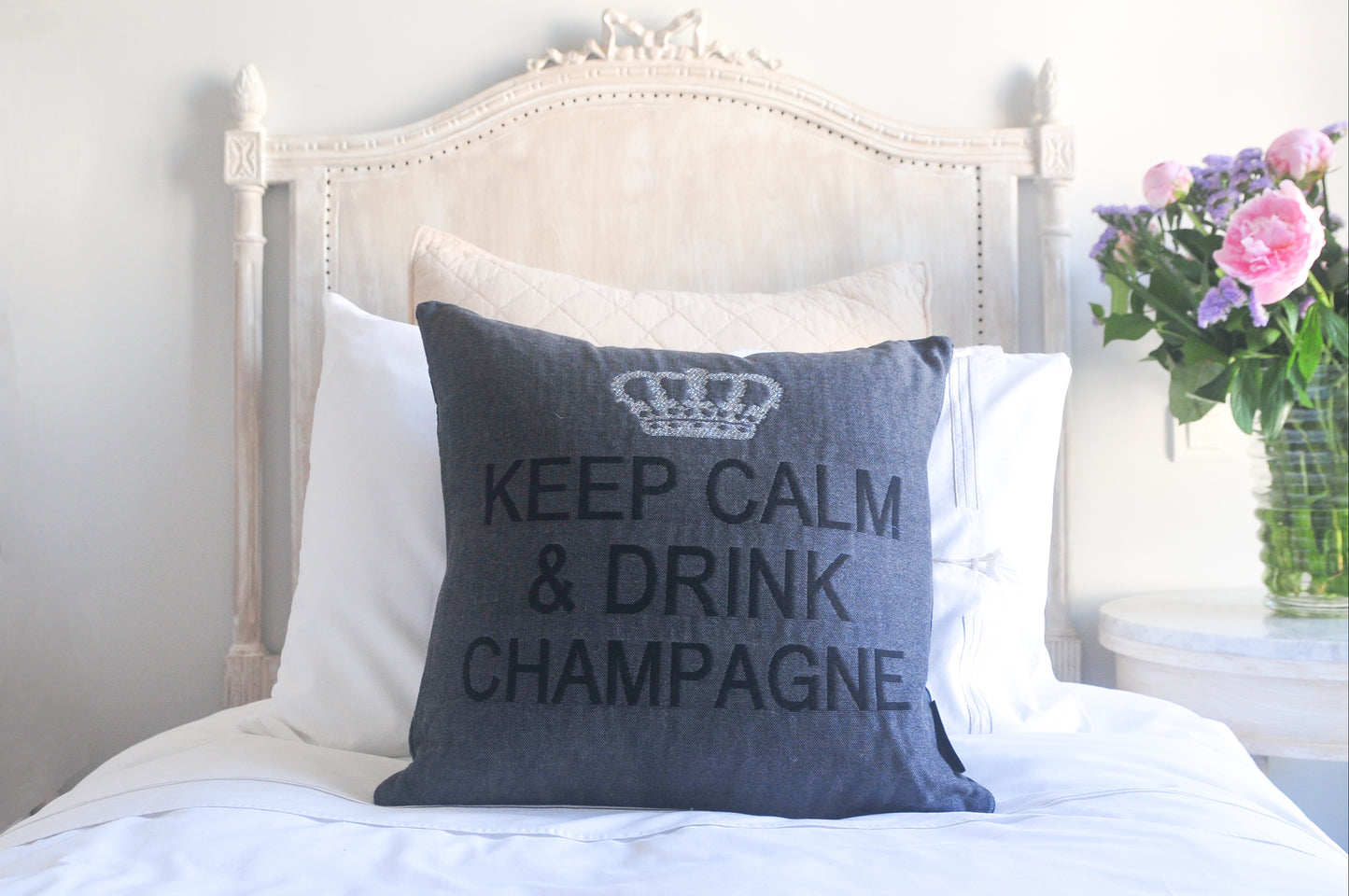 Keep Calm and Drink Champagne Decorative Pillow Cover - (Gray and Silver)