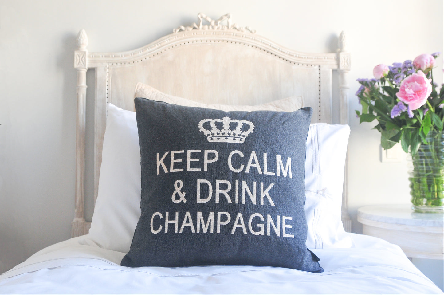 Keep Calm and Drink Champagne Decorative Pillow Cover - (Charcoal and Cream)