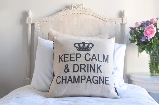 Keep Calm and Drink Champagne Decorative Pillow Cover - (Cream and Charcoal)