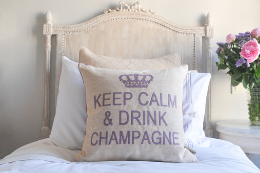Keep Calm and Drink Champagne Decorative Pillow Cover - (Cream and Lilac)