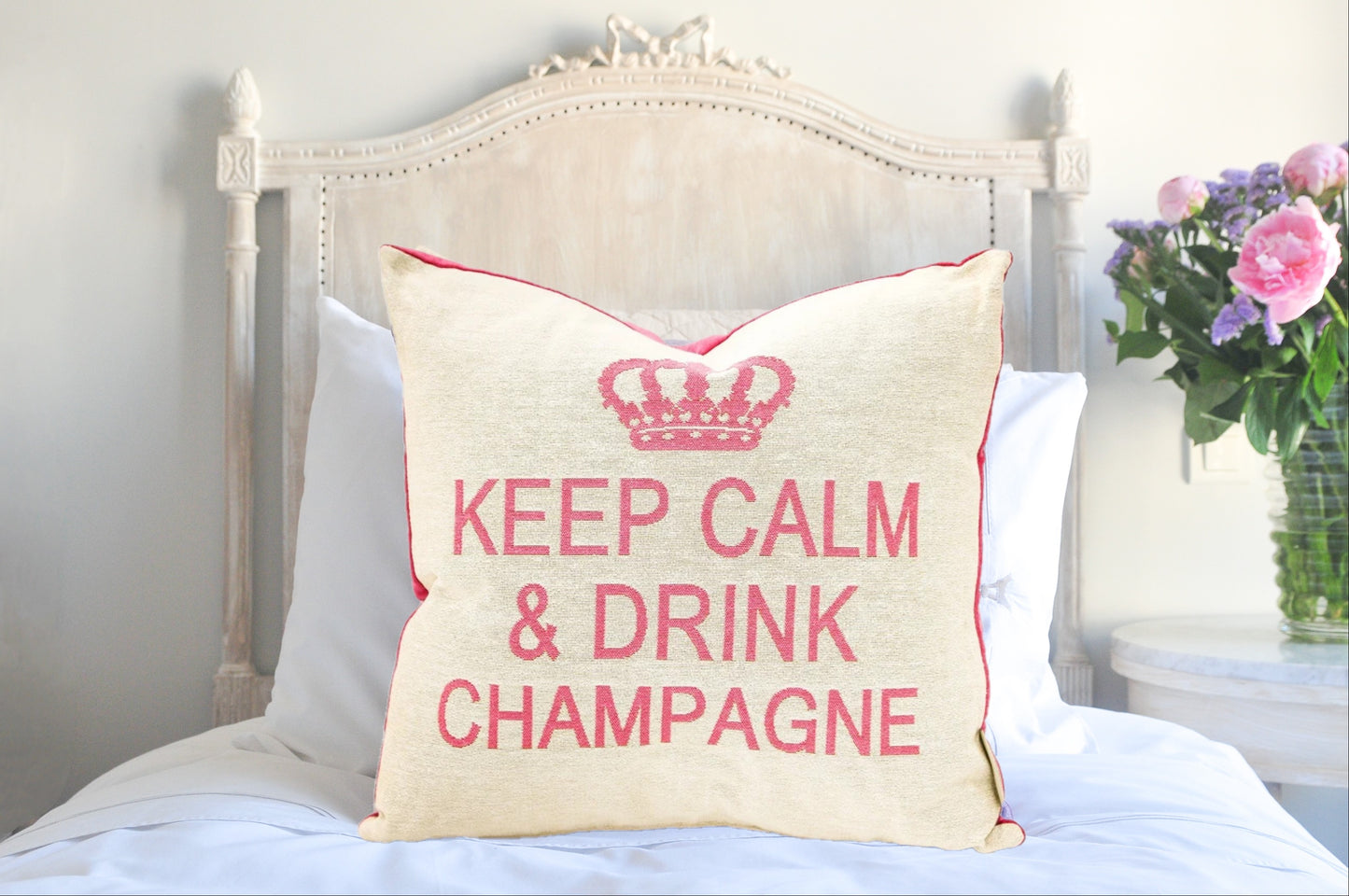 Keep Calm and Drink Champagne Decorative Pillow Cover - (Cream and Pink)
