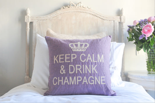 Keep Calm and Drink Champagne Decorative Pillow Cover - (Lilac and Cream)