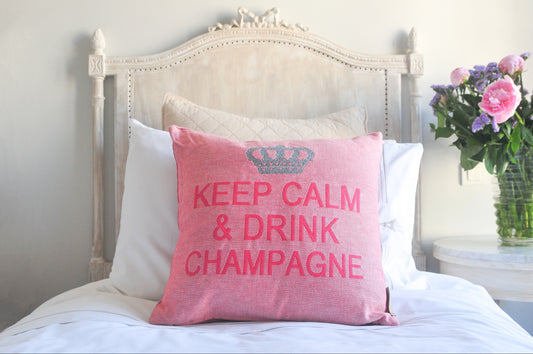 Keep Calm and Drink Champagne Decorative Pillow Cover - (Rose and Silver)