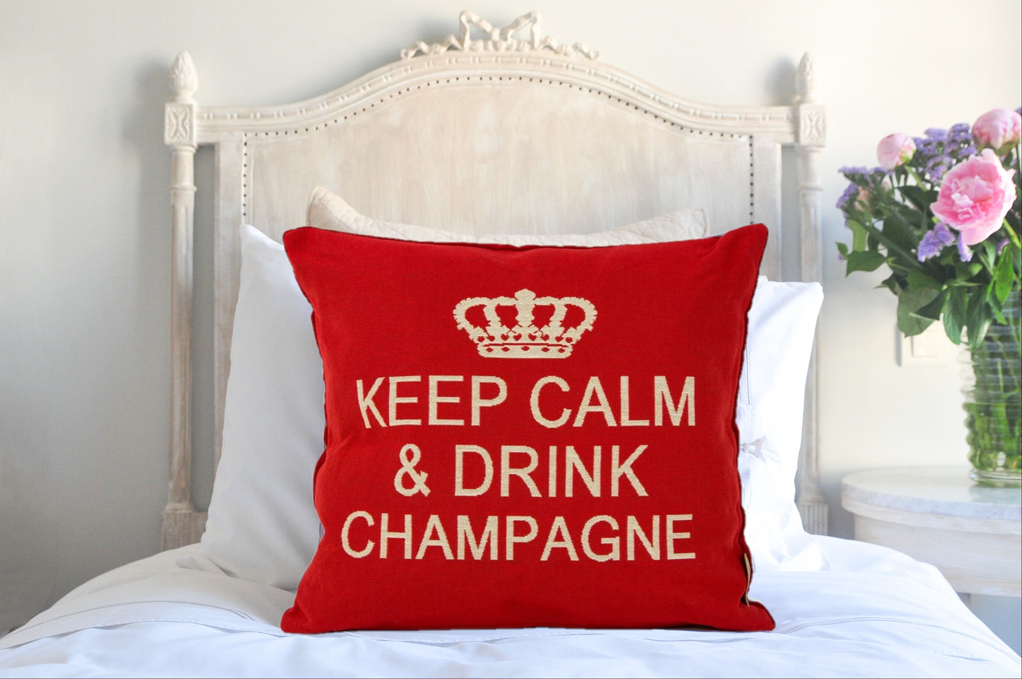 Keep Calm and Drink Champagne Decorative Pillow Cover - (Red and Cream)