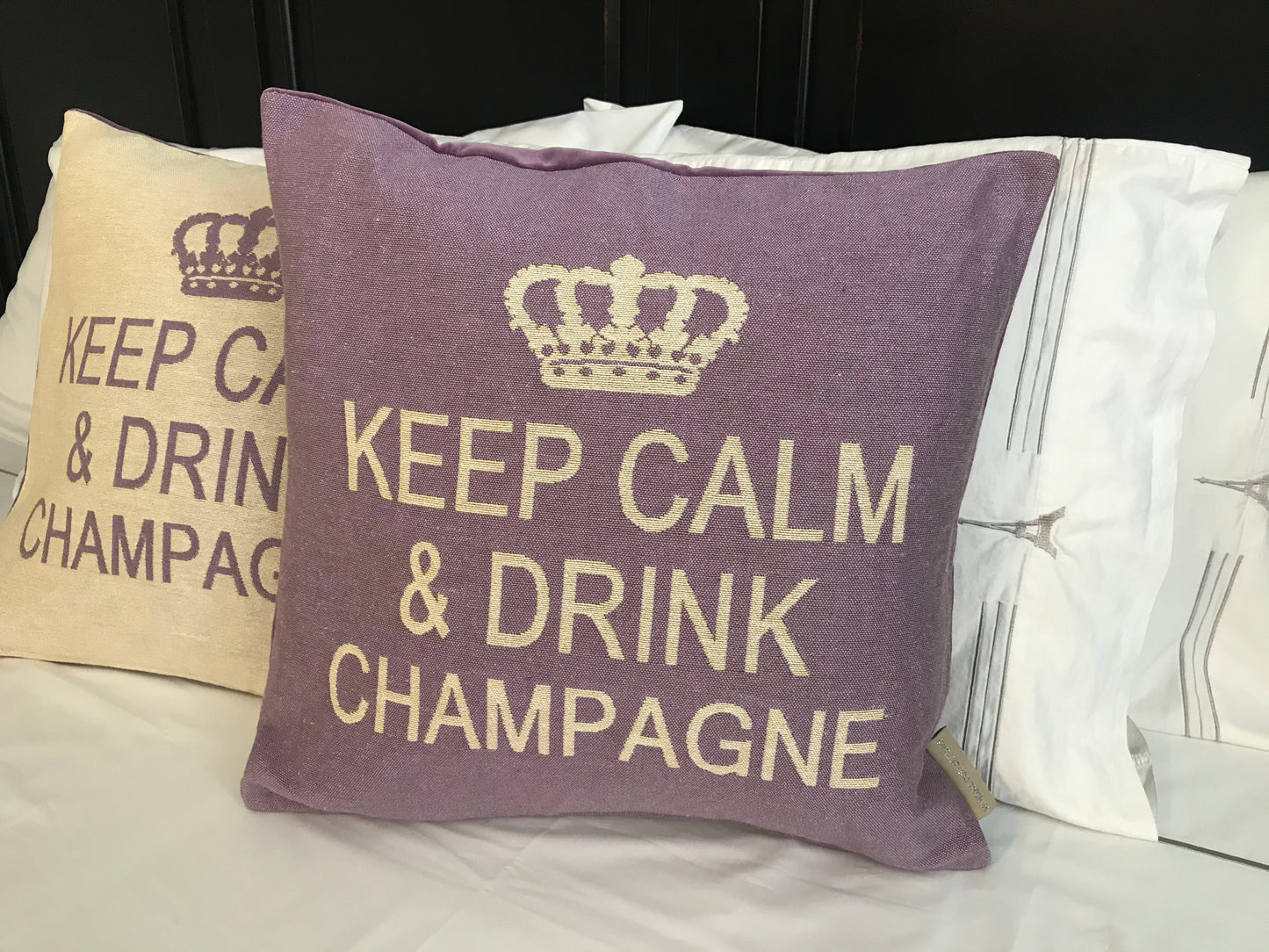 Keep Calm and Drink Champagne Decorative Pillow Cover - (Cream and Lilac)