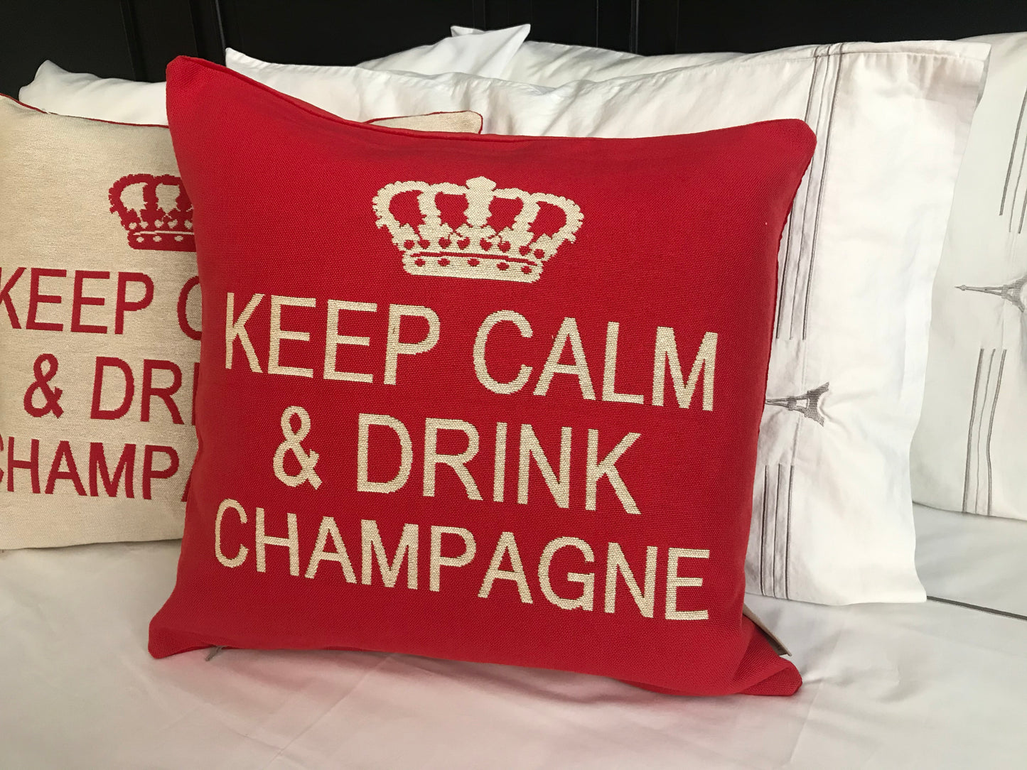 Keep Calm and Drink Champagne Decorative Pillow Cover - (Red and Cream)