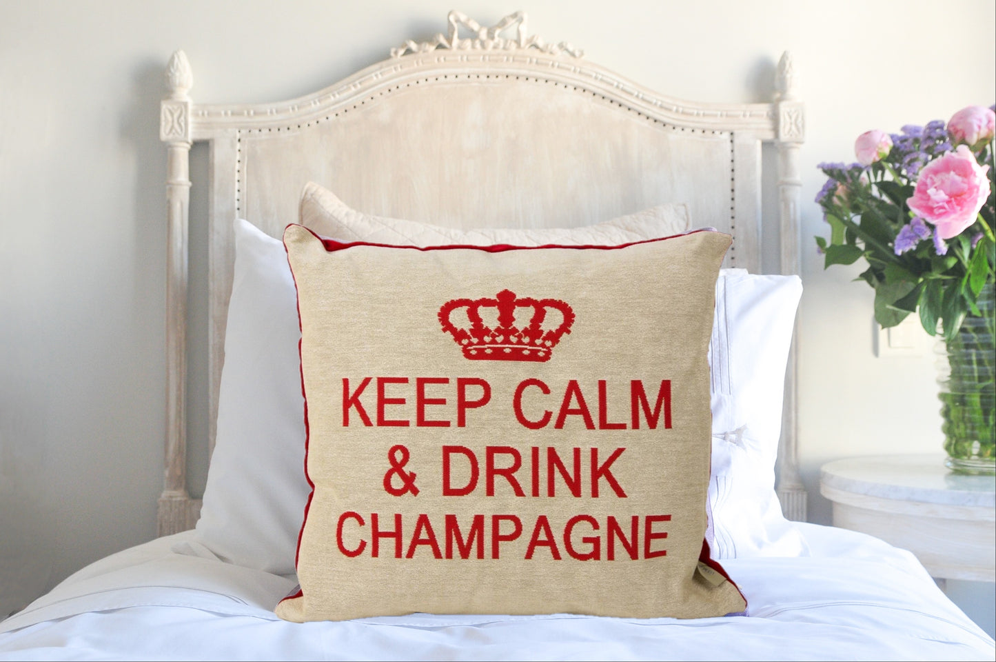 Keep Calm and Drink Champagne Decorative Pillow Cover - (Cream and Red)